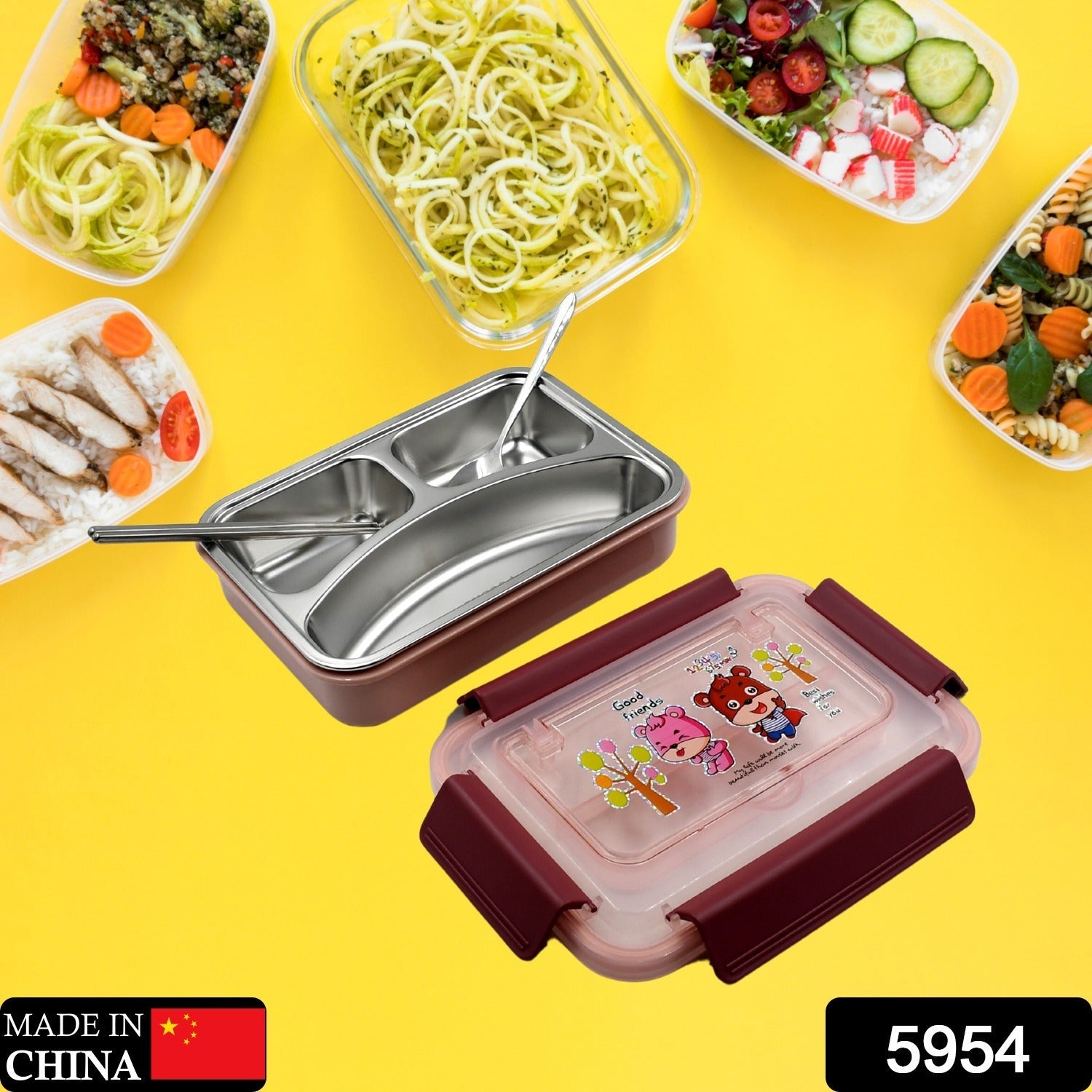 5954 Food‑Safe Materials Kids Lunch Box With steel Spoon & chopsticks Compartment is Designed Made of 304 Stainless Steel Easy to Clean for School for Camping for Work for Home, Office 5954 Food‑Safe Materials Kids Lunch Box With steel Spoon & chopsticks Compartment is Designed Made of 304 Stainless Steel Easy to Clean for School for Camping for Work for Home, Office